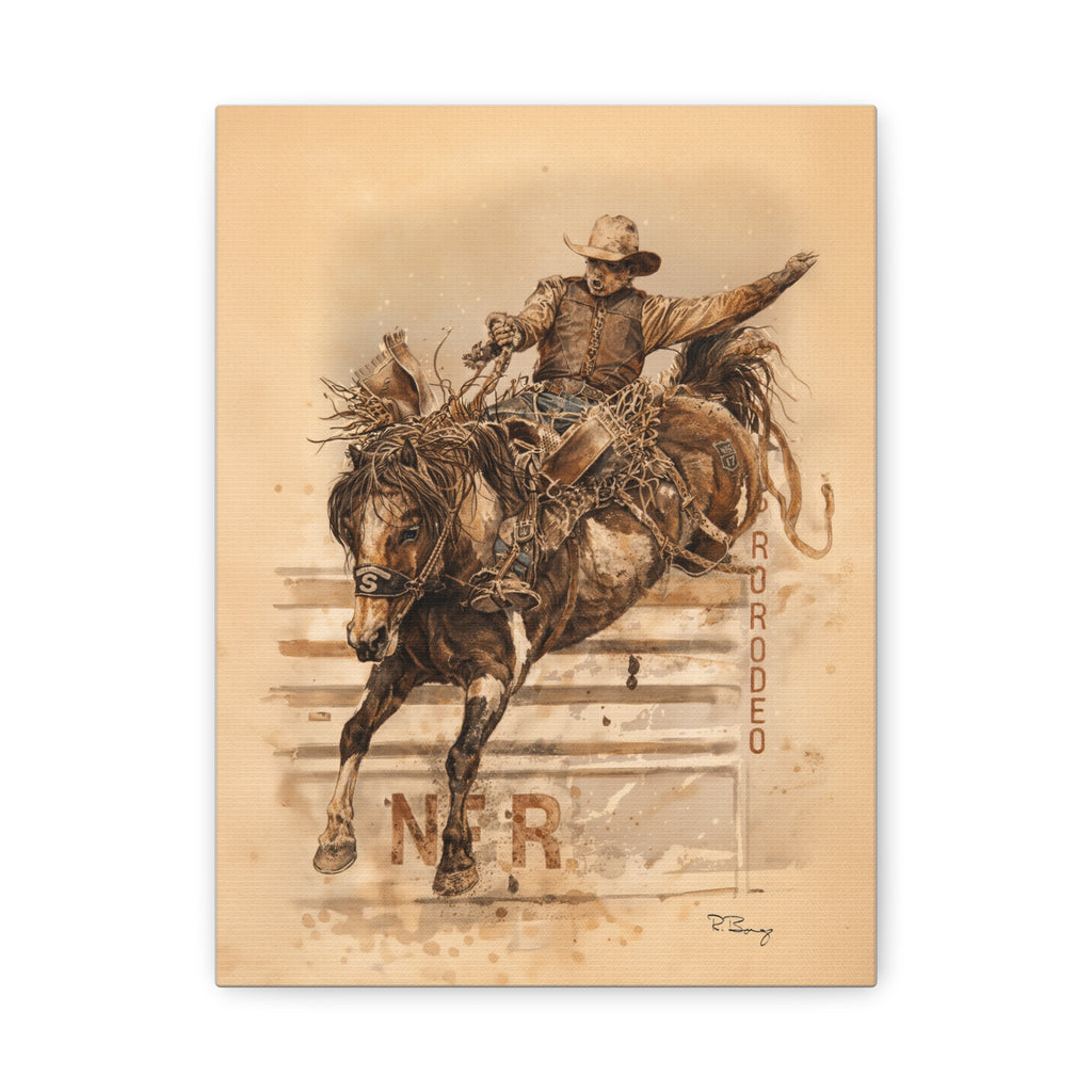 Bronc Rider Stretched Canvas Art — Rodeo Cowboy Watercolor Print