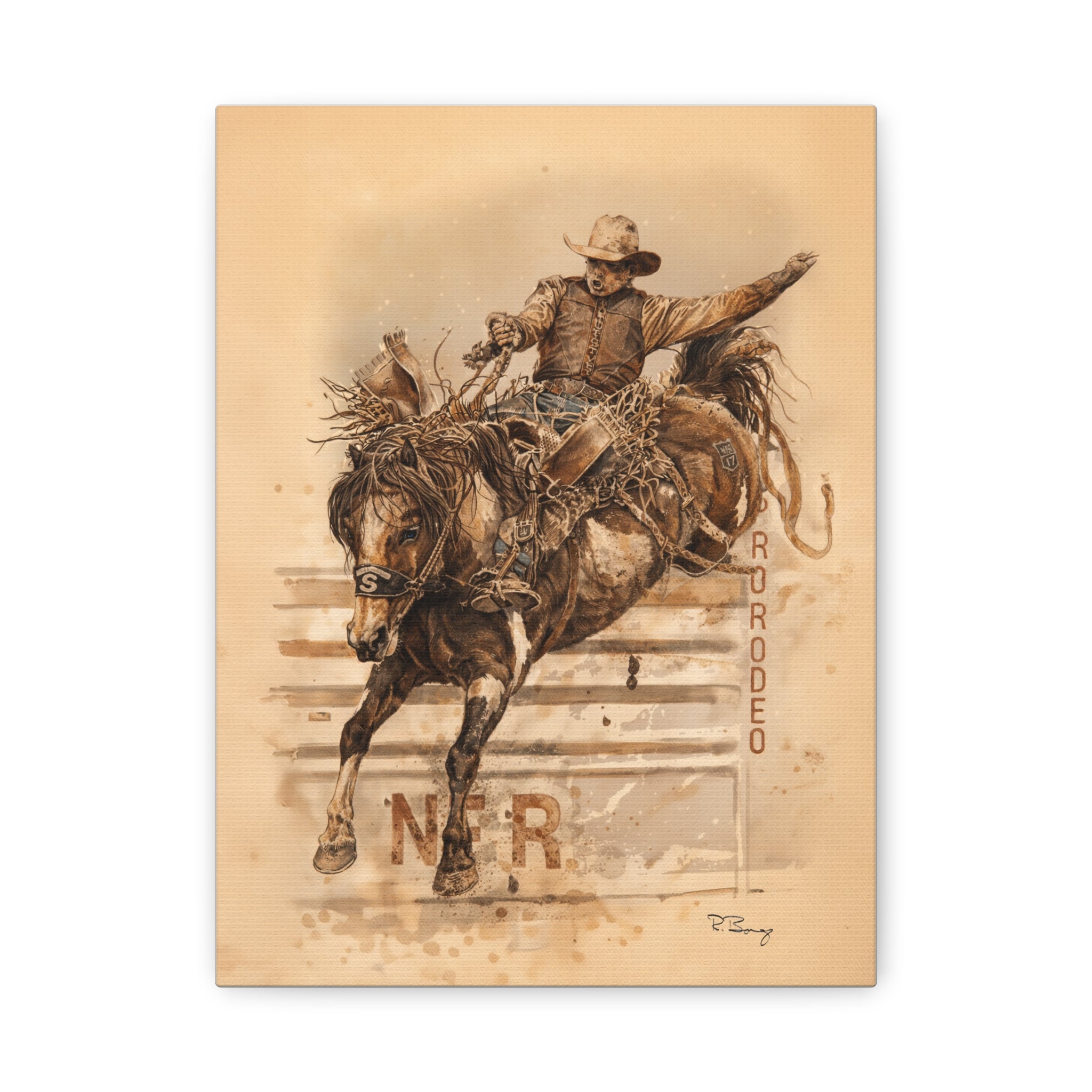 Bronc Rider Stretched Canvas Art — Rodeo Cowboy Watercolor Print