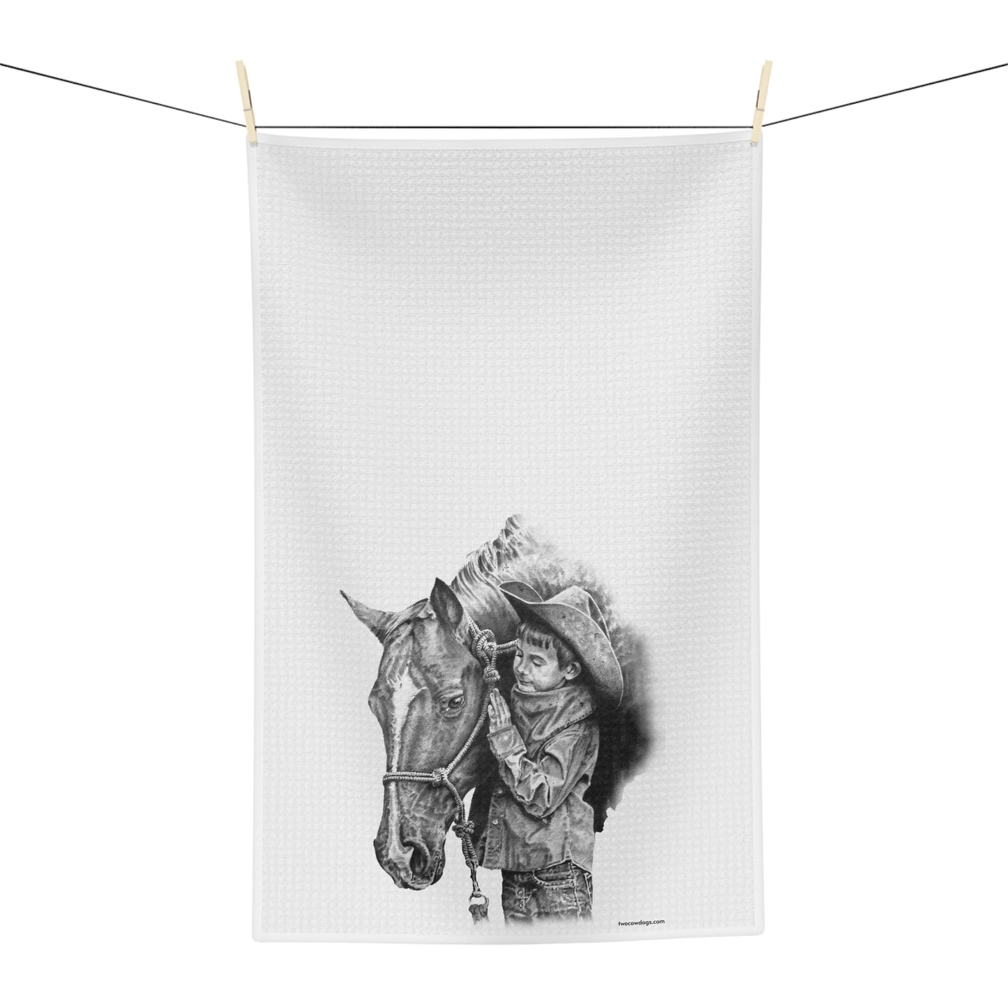 Cowboy and Horse Pencil Sketch Hand Towel — Western Kids & Horses Kitchen Towel
