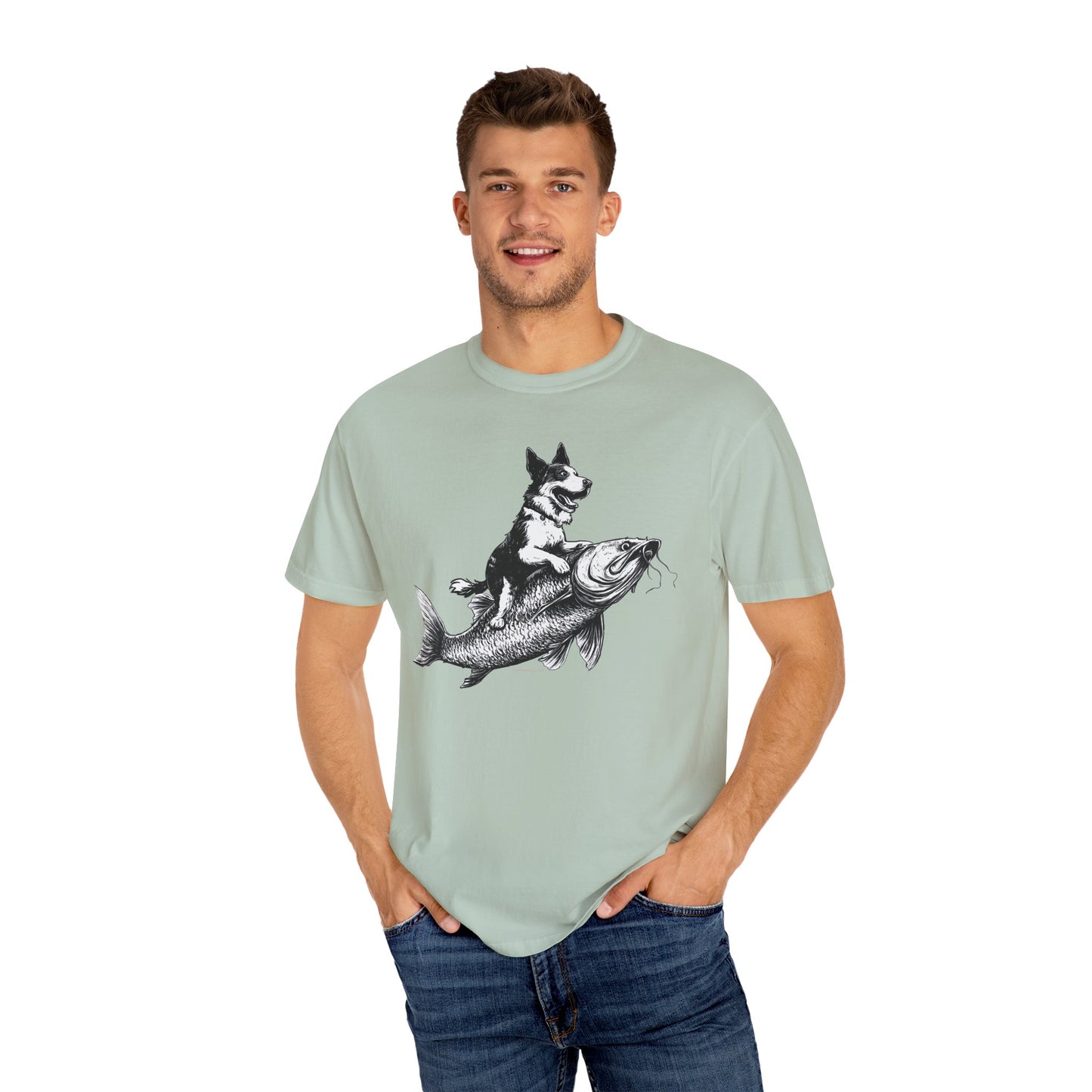 Dog Riding Fish T-shirt - Fun Animal Graphic Tee
