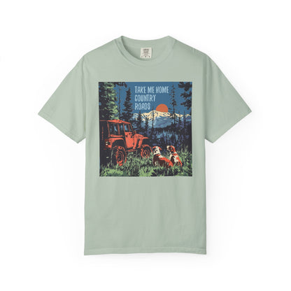 Country Roads Unisex T-Shirt, Dogs and Jeep Design