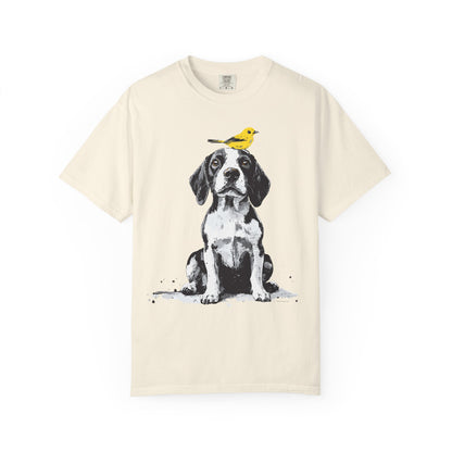 Beagle and Yellow Bird Unisex T-shirt - Extra Soft Fabric