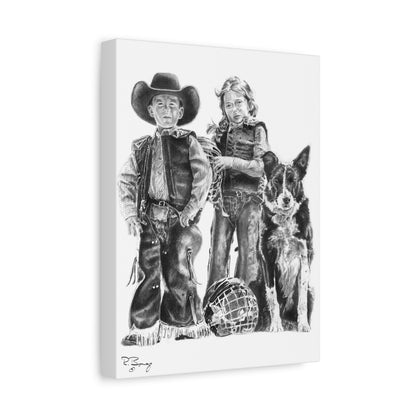 Mutton Busters and Border Collie, Custom Stretched Canvas