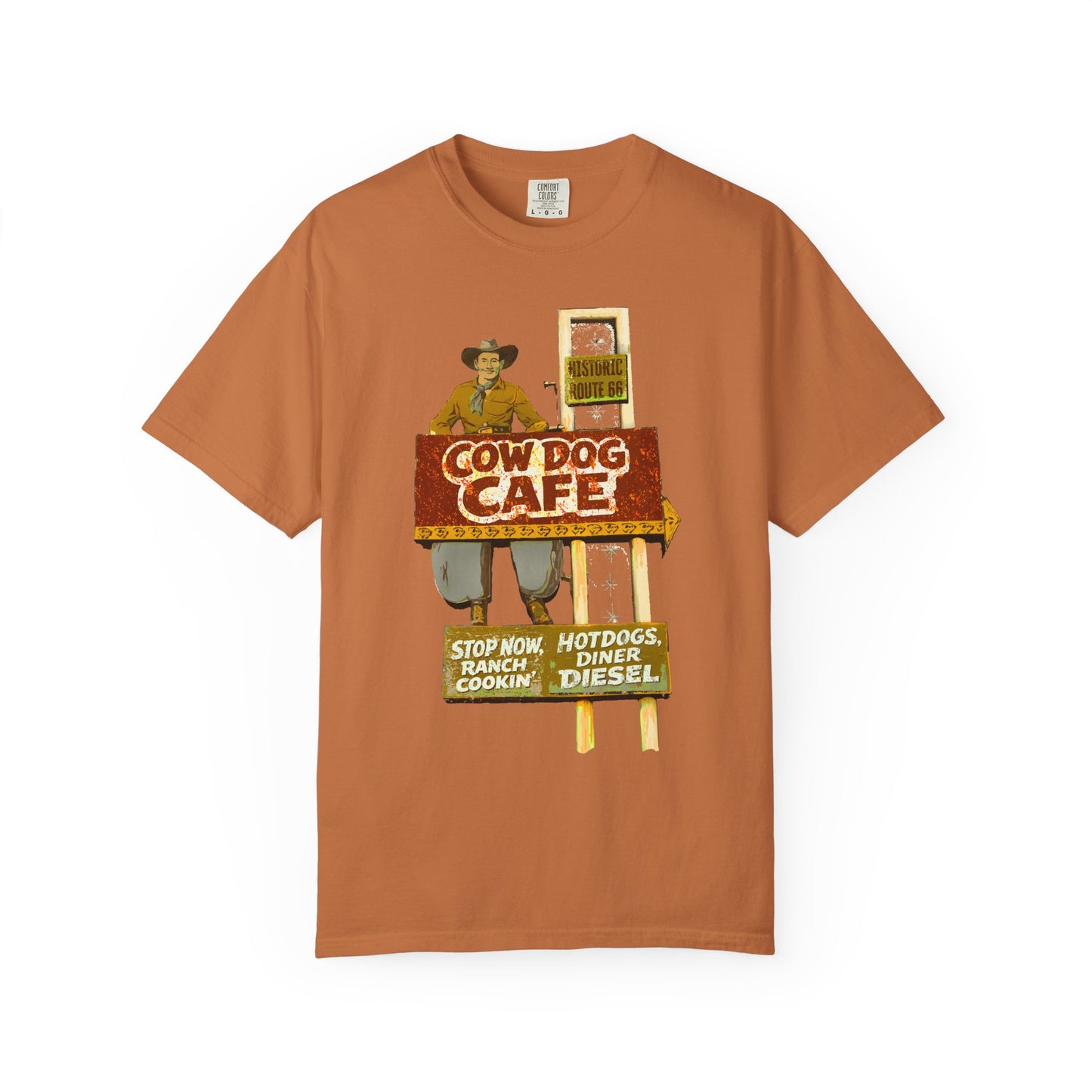 Cow Dog Cafe Vintage Roadside T-Shirt — Retro Route 66 Diner & Dog Lover Tee