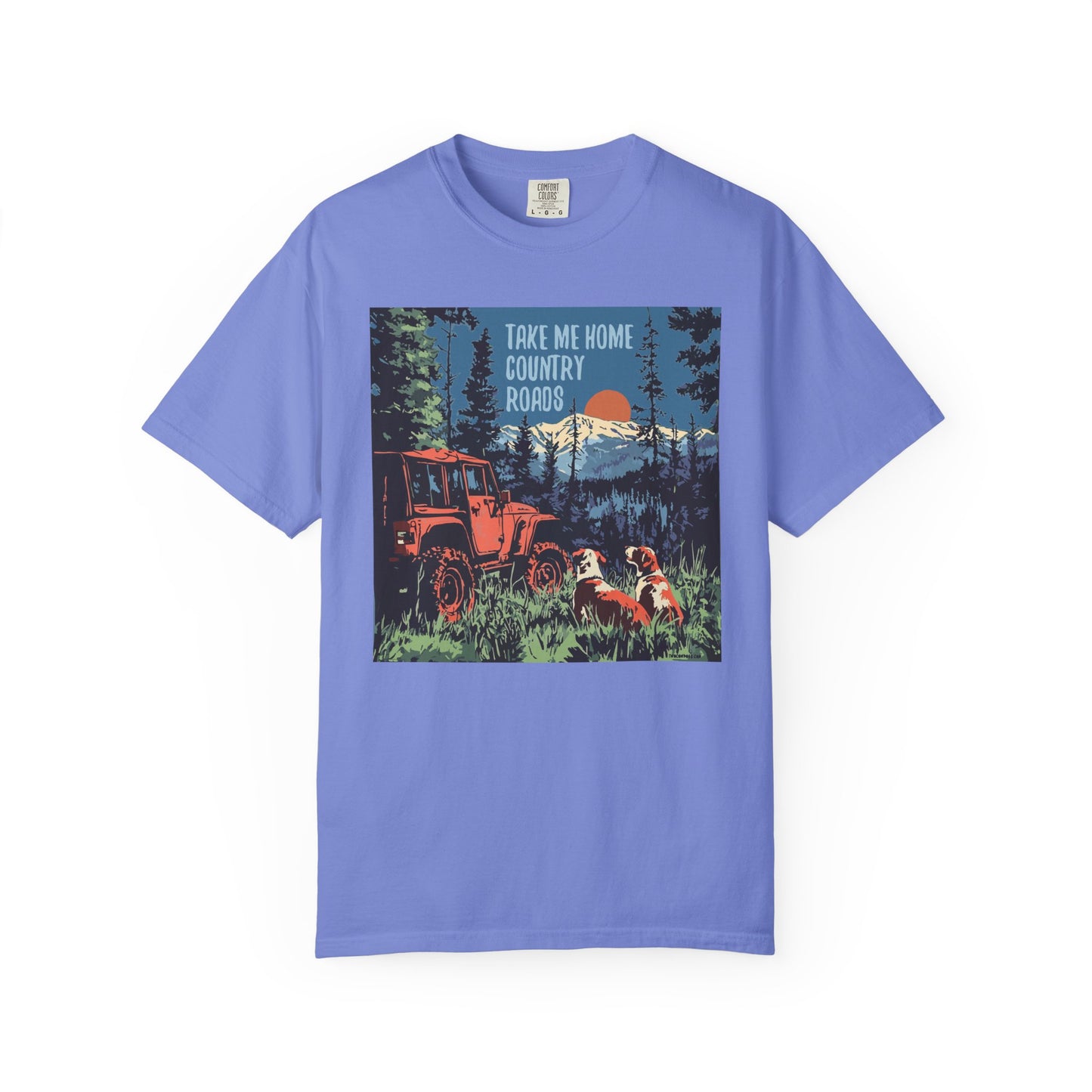 Country Roads Unisex T-Shirt, Dogs and Jeep Design