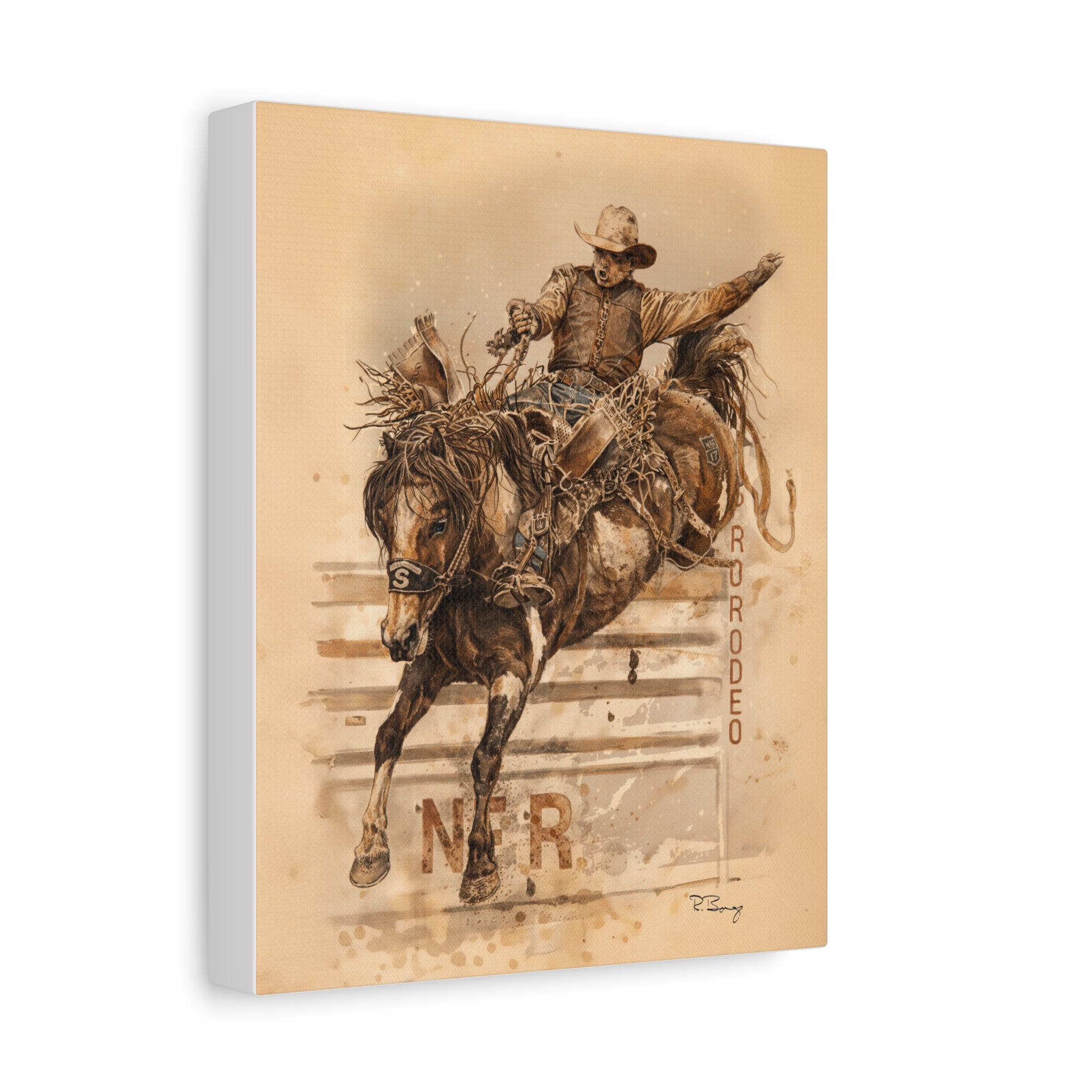 Bronc Rider Stretched Canvas Art — Rodeo Cowboy Watercolor Print