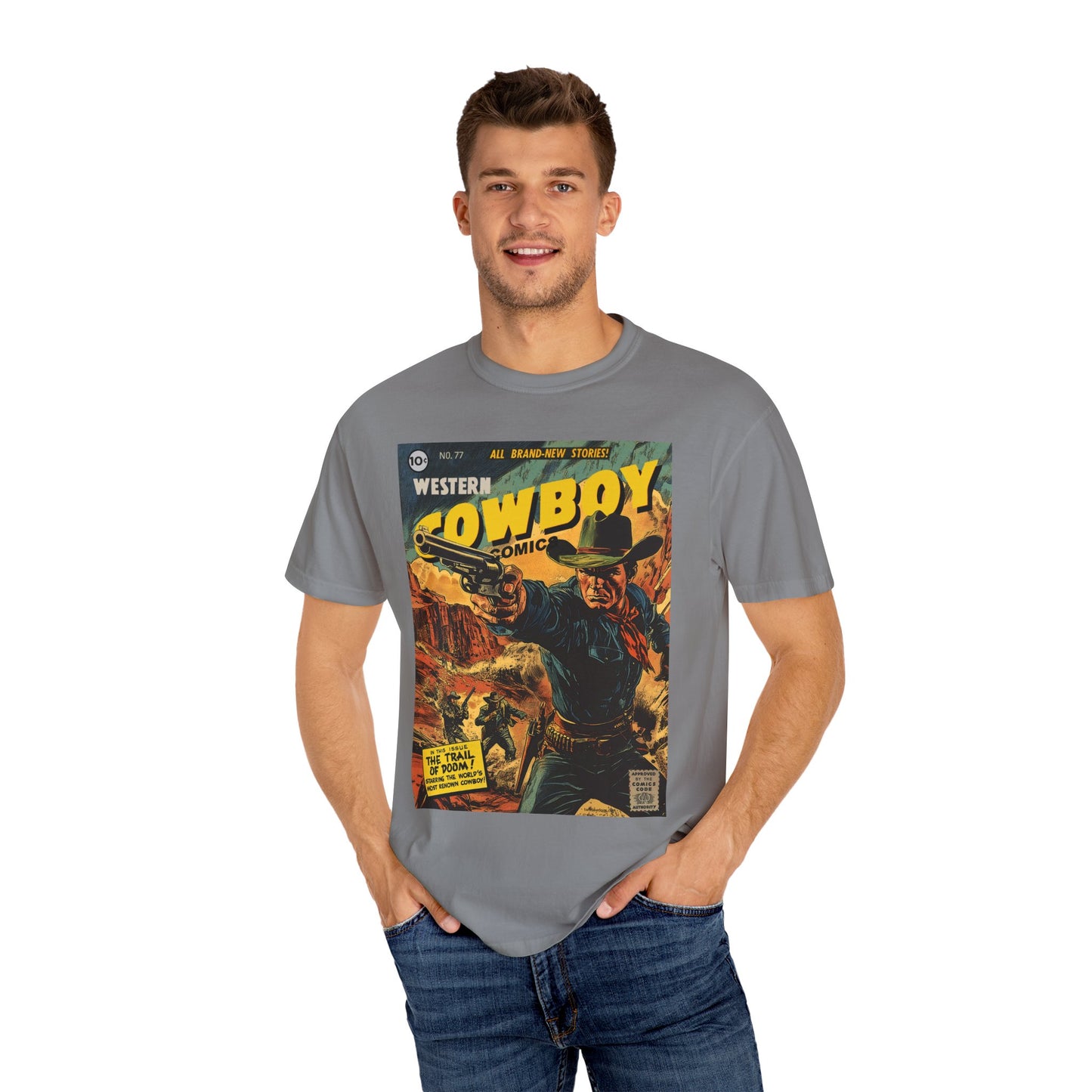 Western Comic Book T-Shirt - The Trail of Doom Unisex Garment-Dyed