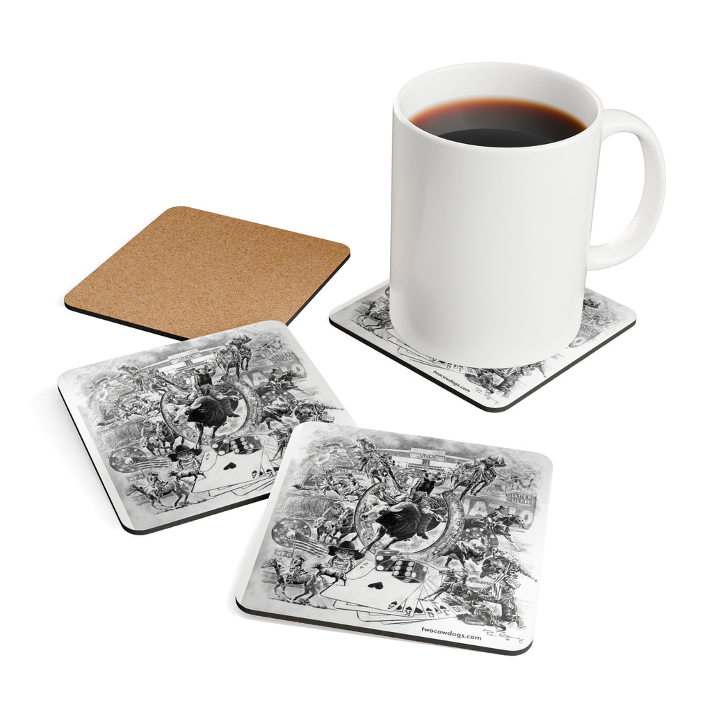 Rodeo Collage Corkwood Coaster Set — Two Cow Dogs Western Rodeo Art