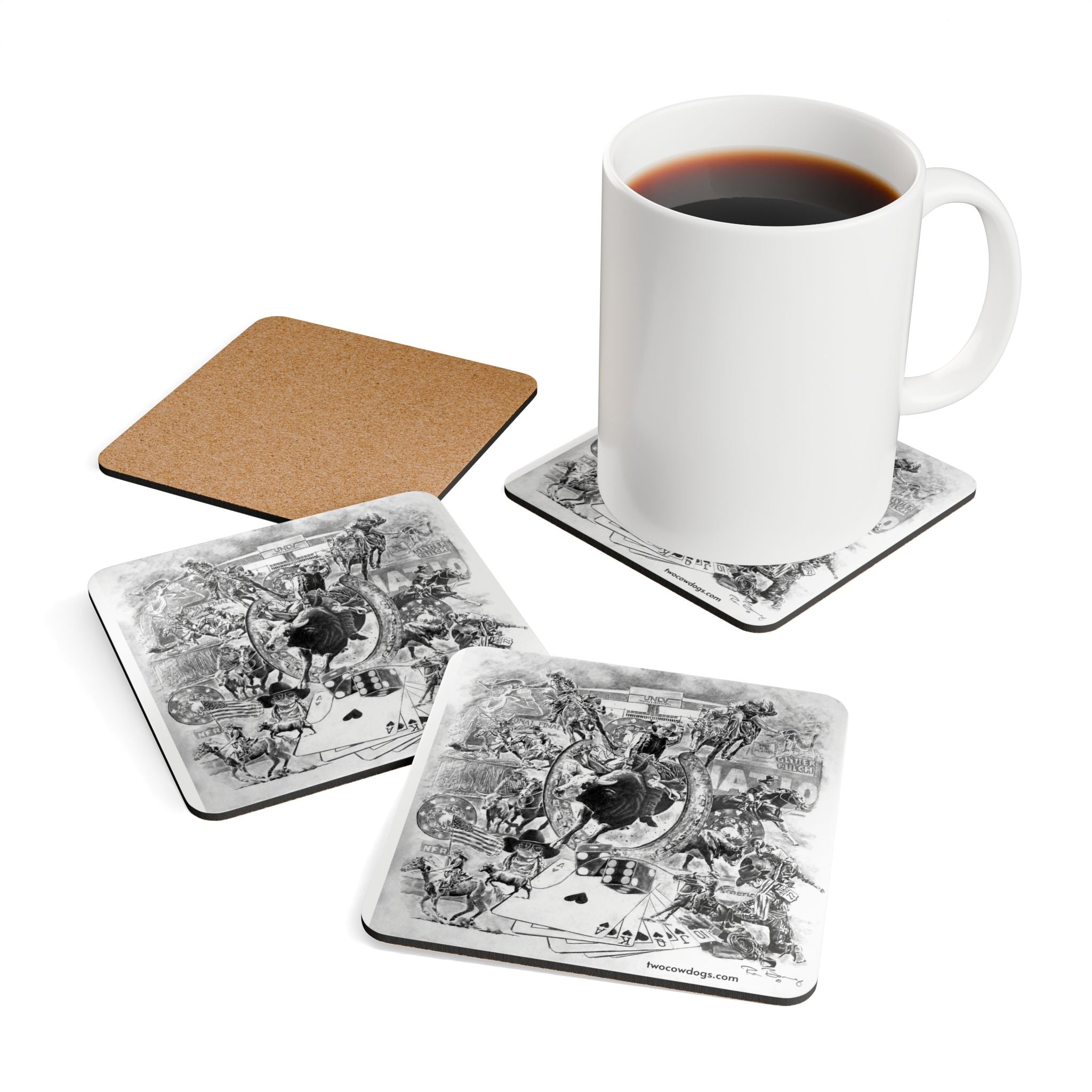 Rodeo Collage Corkwood Coaster Set — Two Cow Dogs Western Rodeo Art