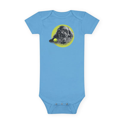 Baby Onesie - Yellow Ball, Black Dog Short Sleeve