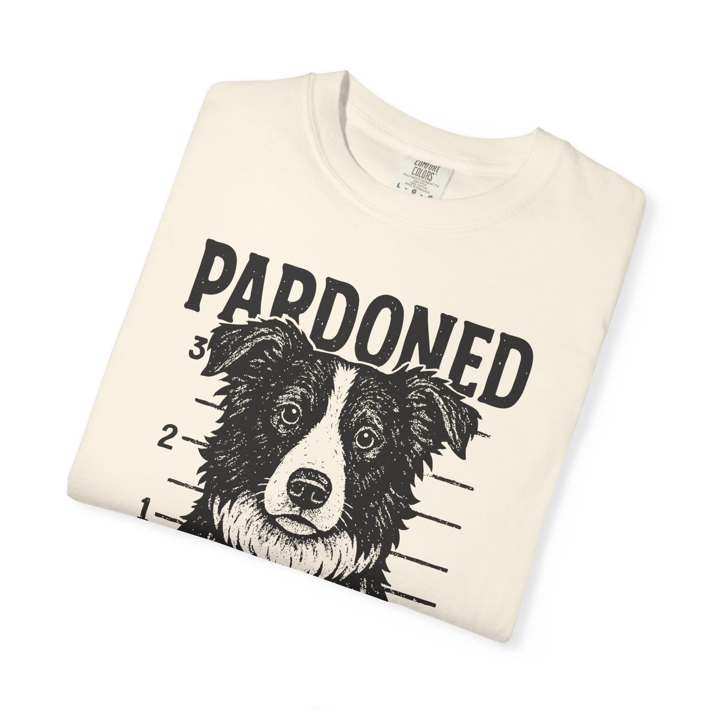 Border Collie Mugshot TShirt - PARDONED OUT ON GOOD BEHAVIOR