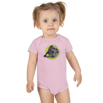 Baby Onesie - Yellow Ball, Black Dog Short Sleeve