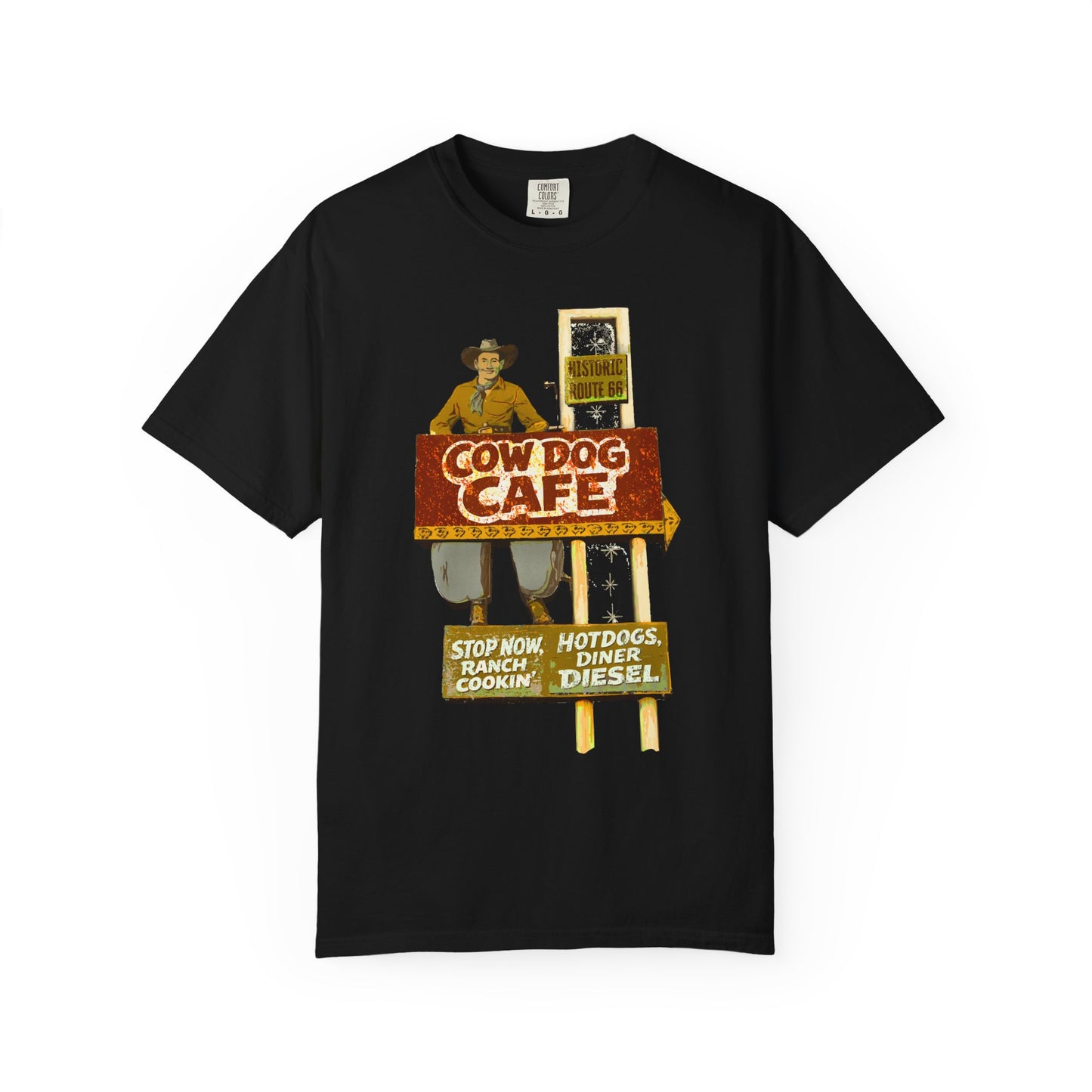 Cow Dog Cafe Vintage Roadside T-Shirt — Retro Route 66 Diner & Dog Lover Tee