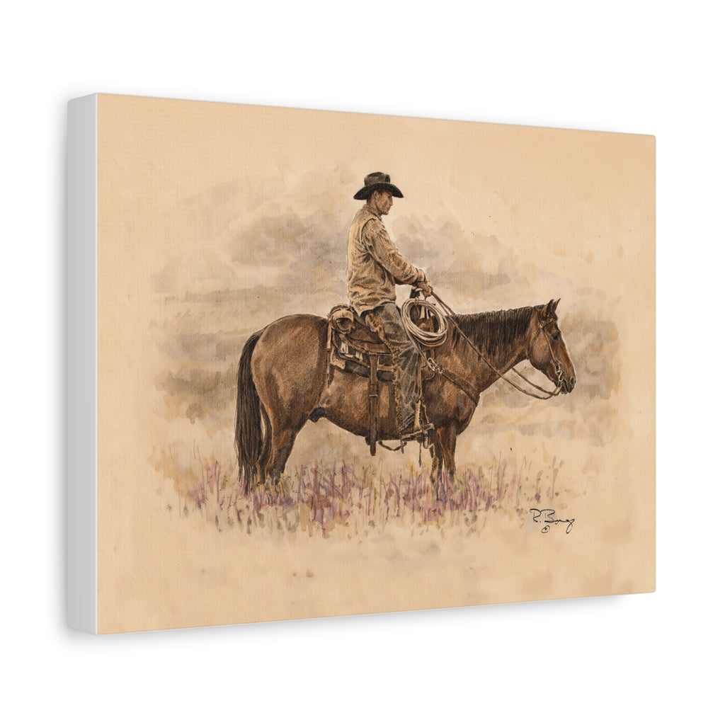 "Ready" Cowboy & Horse Watercolor Pencil Stretched Canvas