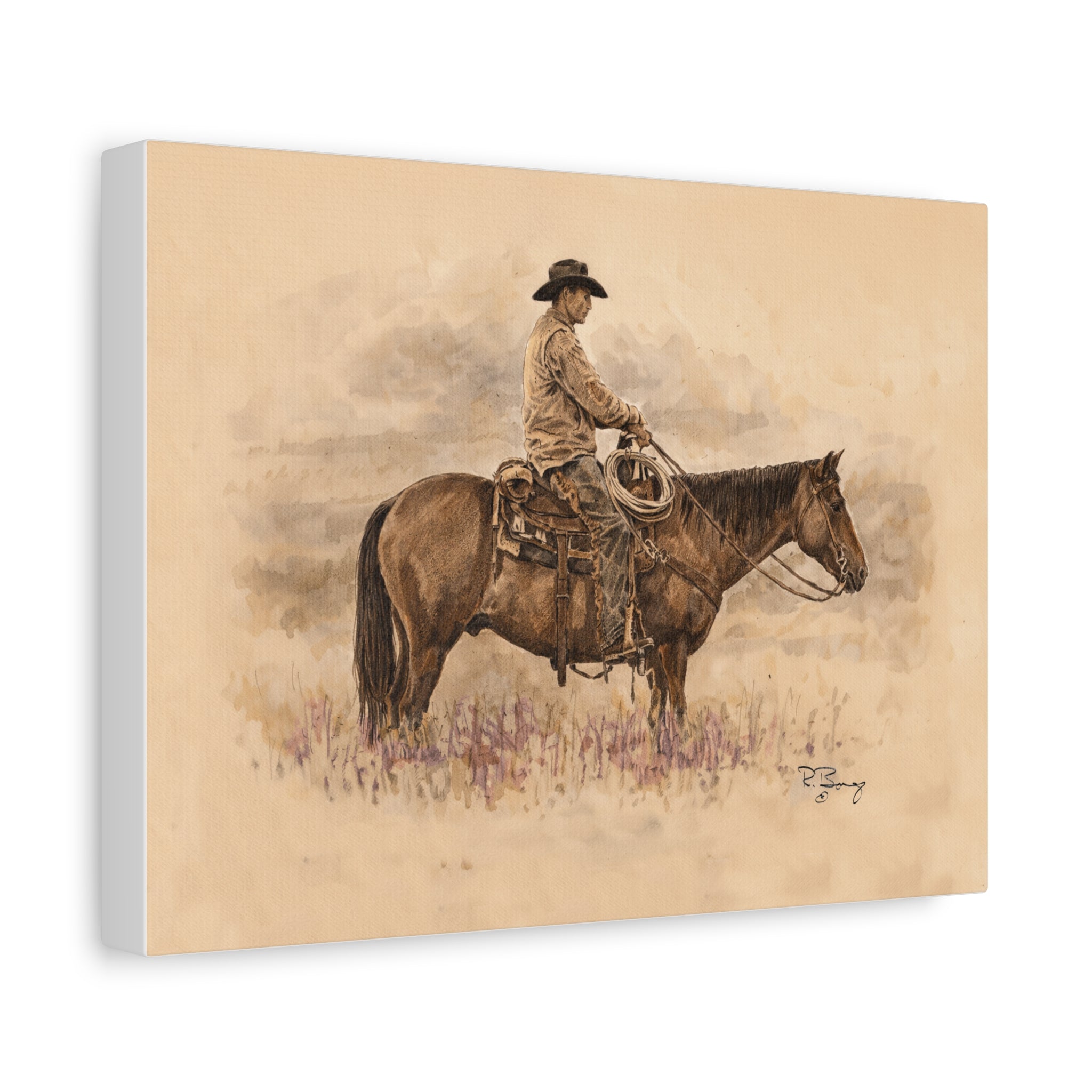 "Ready" Cowboy & Horse Watercolor Pencil Stretched Canvas
