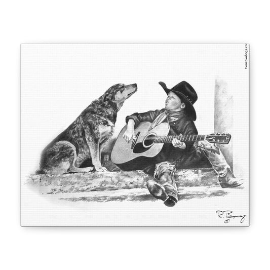 Cowboy Crooners Stretched Canvas, Heeler and Little Cowboy