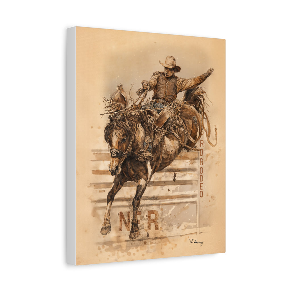 Bronc Rider Stretched Canvas Art — Rodeo Cowboy Watercolor Print