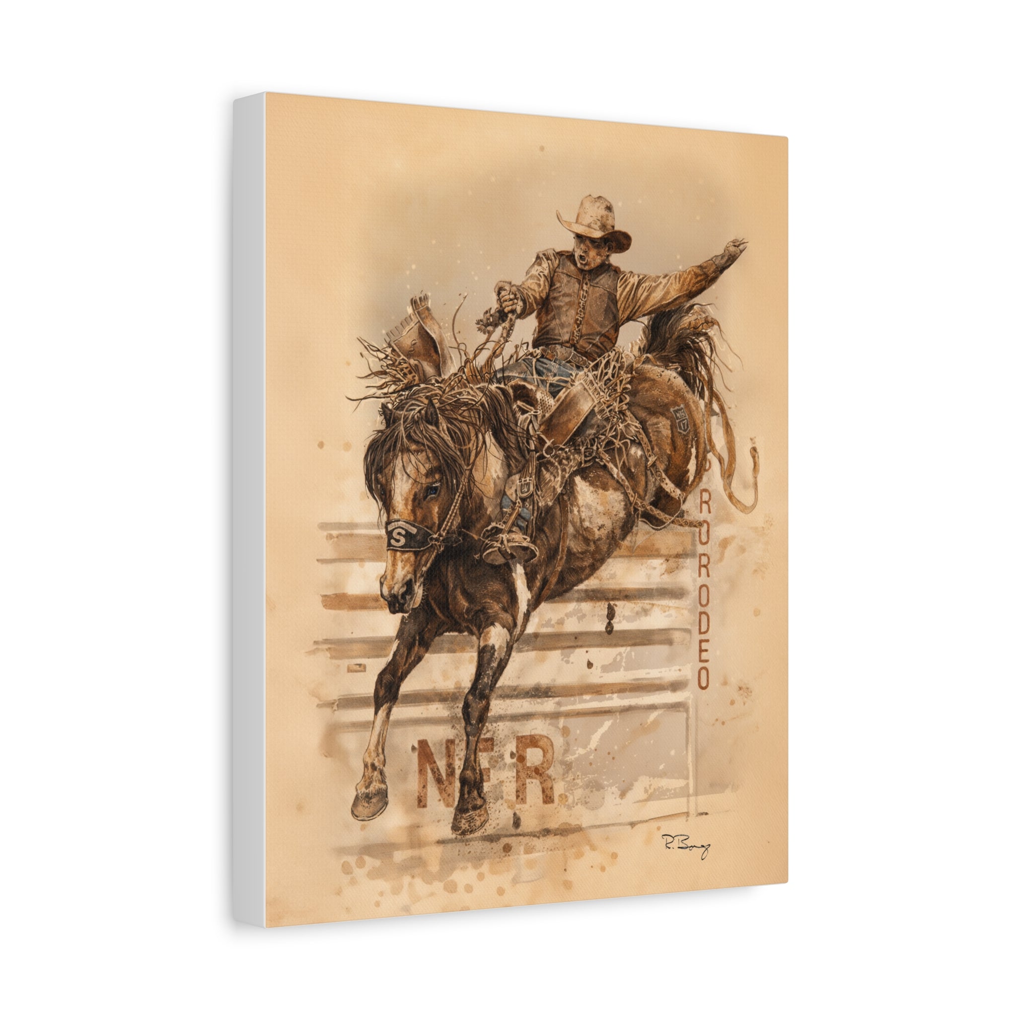 Bronc Rider Stretched Canvas Art — Rodeo Cowboy Watercolor Print