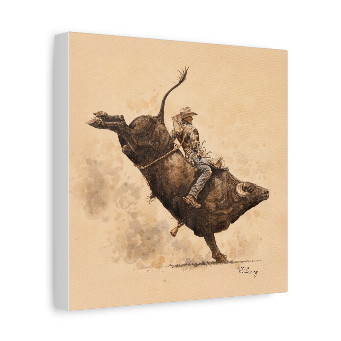 Bull Rider Rodeo Stretched Canvas Art — Watercolor & Pencil Western Wall Decor