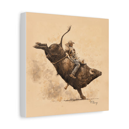 Bull Rider Rodeo Stretched Canvas Art — Watercolor & Pencil Western Wall Decor