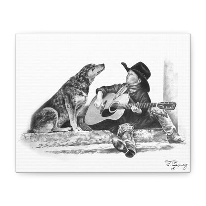 Cowboy Crooners Stretched Canvas, Heeler and Little Cowboy