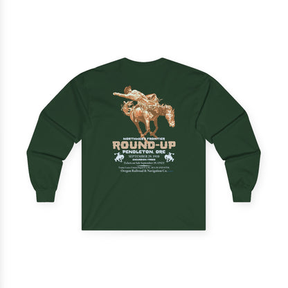Pendleton Round‑Up 1910 Poster Long Sleeve Tee — Vintage Rodeo Bronc Rider