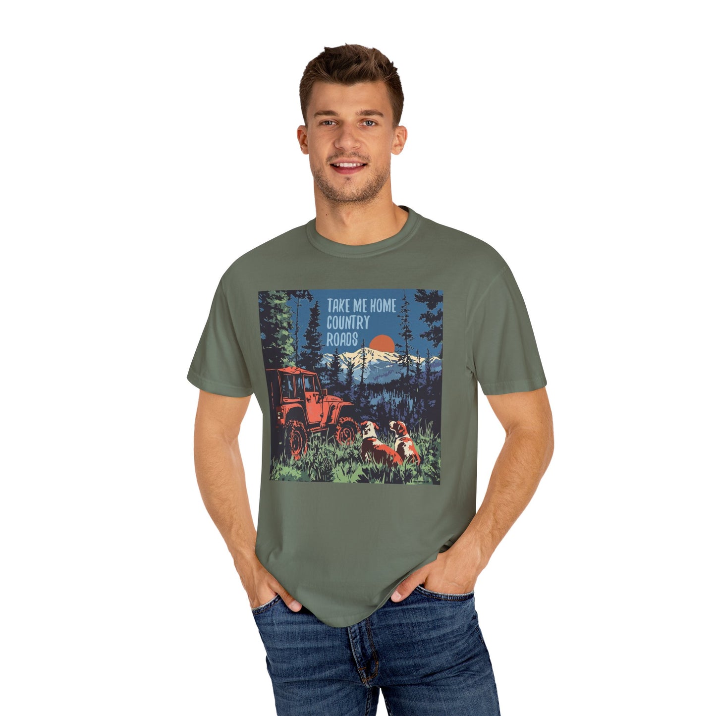 Country Roads Unisex T-Shirt, Dogs and Jeep Design