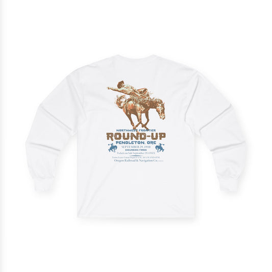 Pendleton Round‑Up 1910 Poster Long Sleeve Tee — Vintage Rodeo Bronc Rider